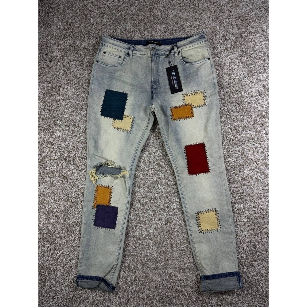 Serenade Patchwork Distressed Denim Blue Jeans Men's Size 38x31